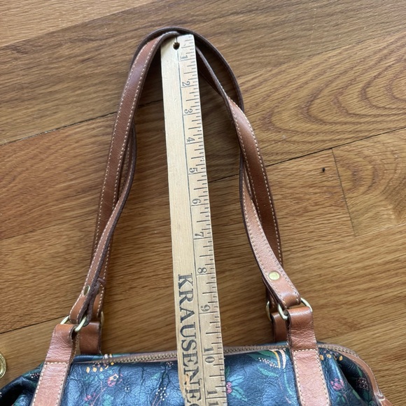 Vintage Brahmin Floral Leather Shoulder Bag Black Brown Double Strap Medallion - Picture 9 of 11